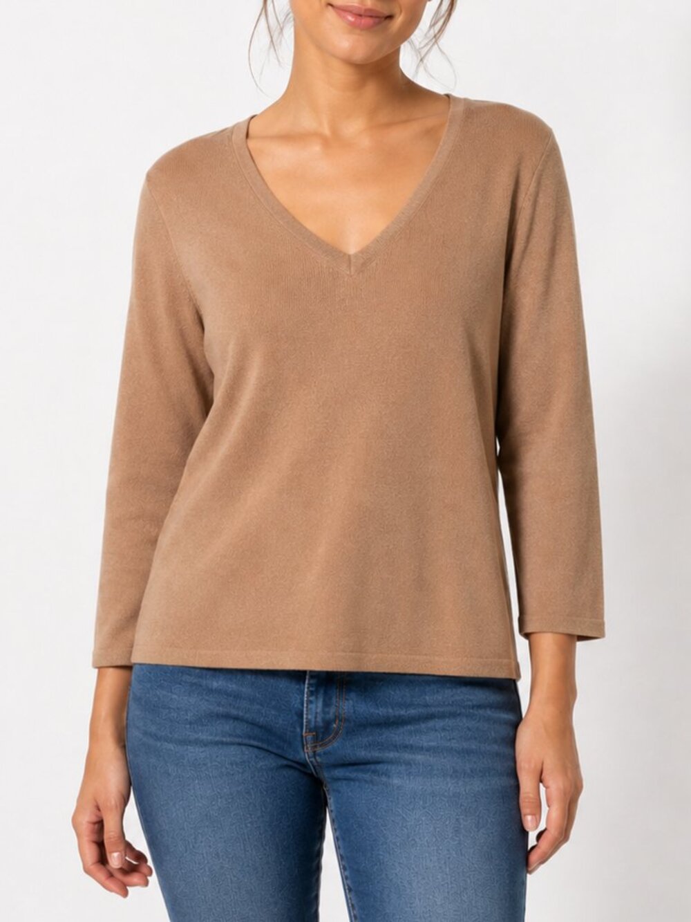 Pendleton Womens L Camel Tan V Neck 3/4 Sleeve Rayon Knit Sweater Pullover